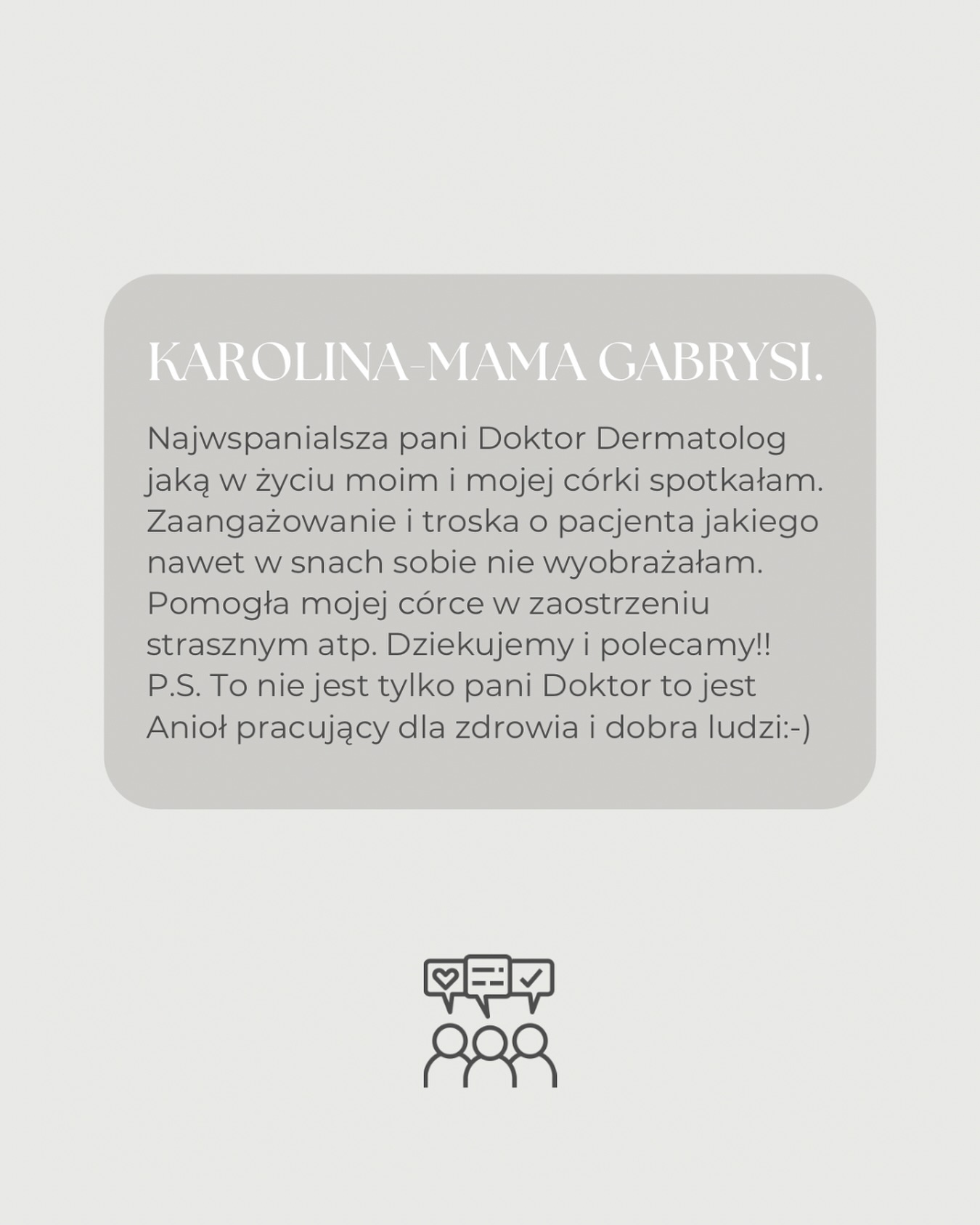 Cudownie się czyta takie opinie na temat wizyt u naszych specjalistów. Dziękujemy! 🤍
Dr n. med. Magdalena Jałowska -
dermatolog i wenerolog, medycyna estetyczna, medycyna pracy. 🩺
#MEDISTIC #dermatologia #derma #dermatolog #lekarz #medycynaestetyczna #wenerologia #zdrowaskóra #mezoterapiaiglowa #dermatologpoznań #dermatologiapoznań #gabinetylekarskiepoznań